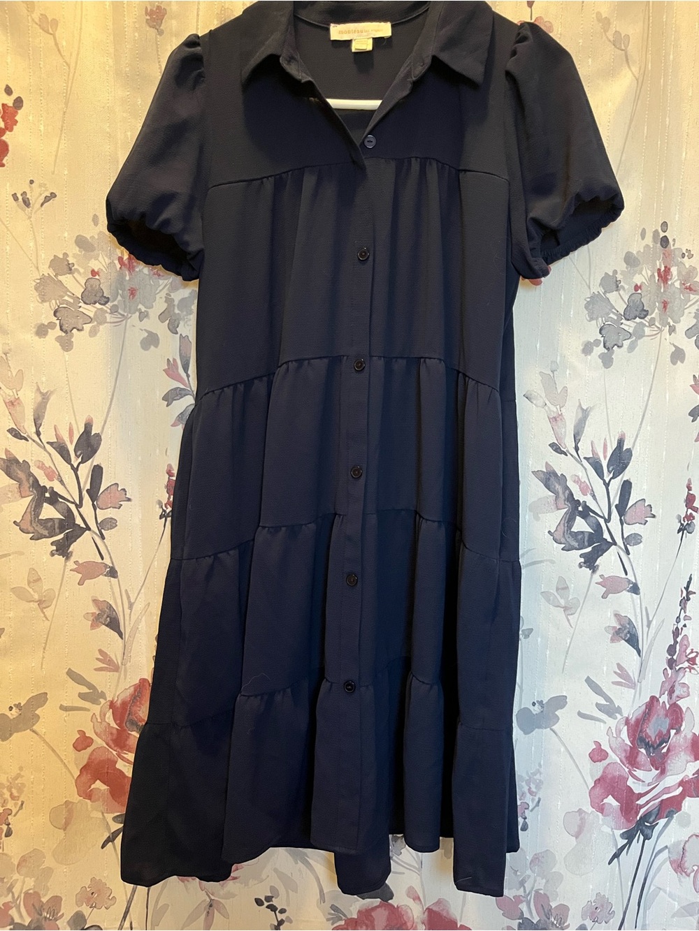 Monteau Navy Button-Front Tiered Midi Dress
